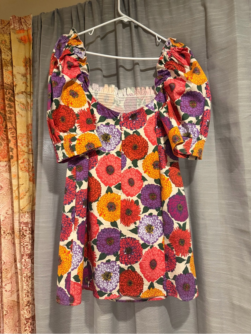 LA DoubleJ Floral Puff-Sleeve Mini Dress in Red, Purple, Yellow, Pink